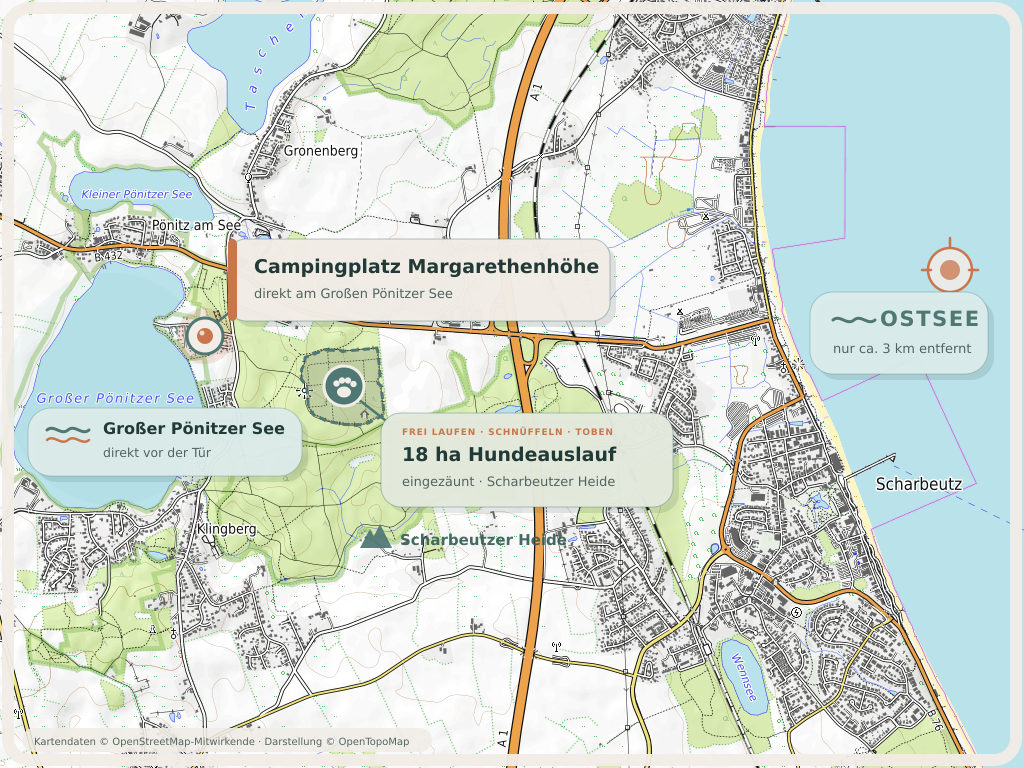 Topografische Karte mit der Margarethenhöhe am Großen Pönitzer See, dem Hundeauslauf in der Scharbeutzer Heide und der nahen Ostsee